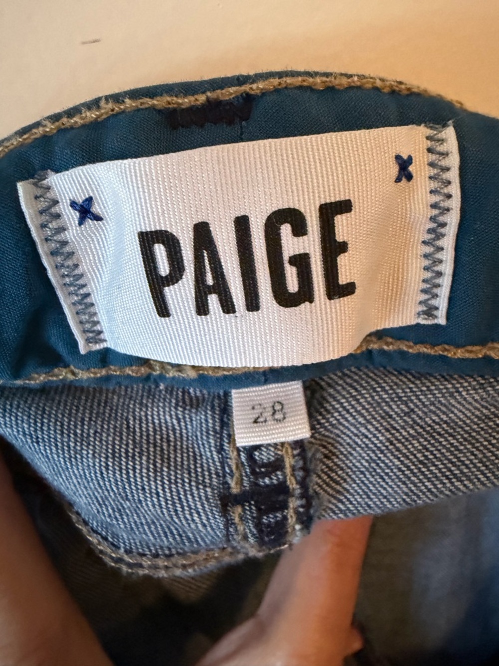 PAIGE Jeans with Teal Waistband and Blue Denim